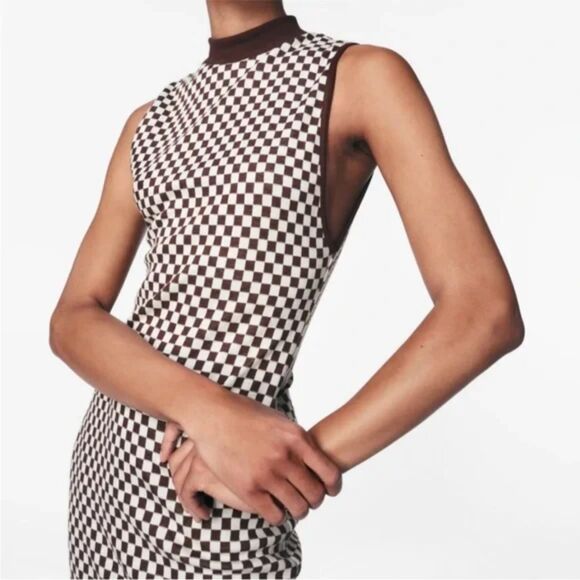 Zara Brown and White Checkered Midi Contour Dress - Picture 3 of 3